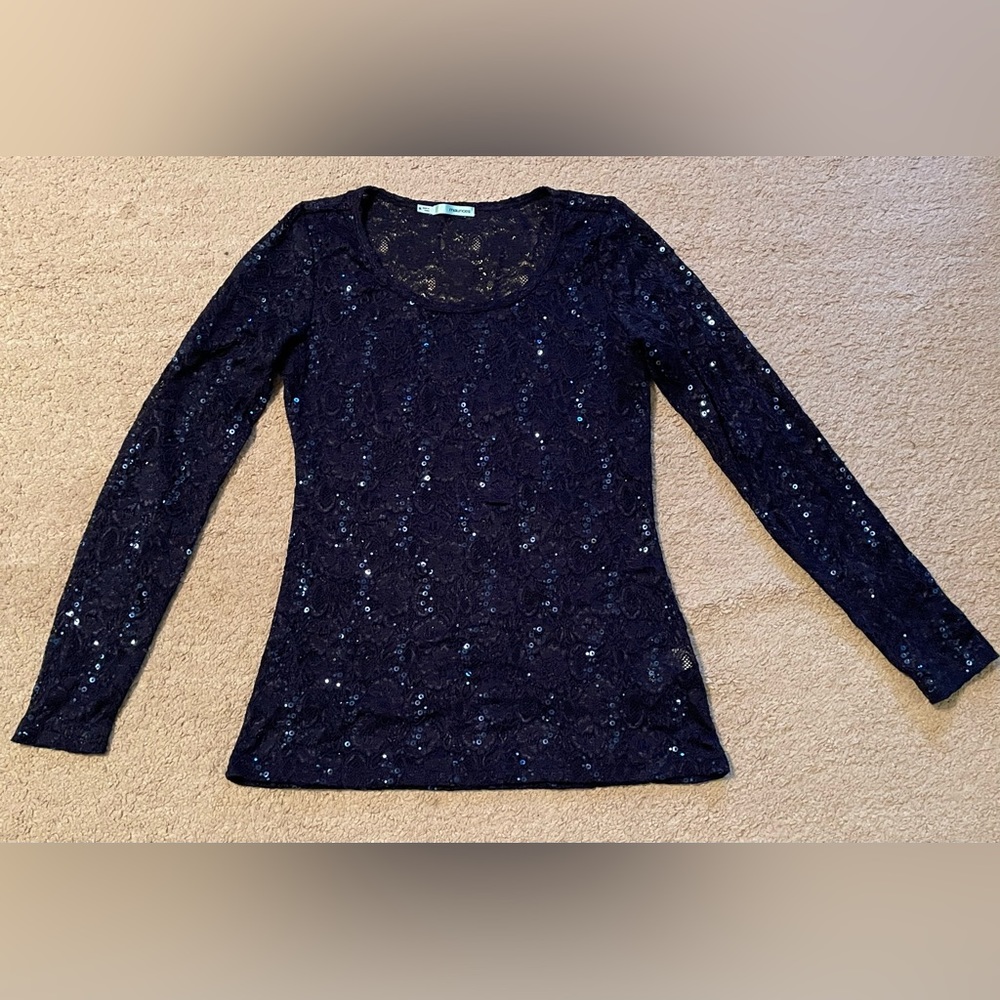Long sleeve lace and sequin navy shirt